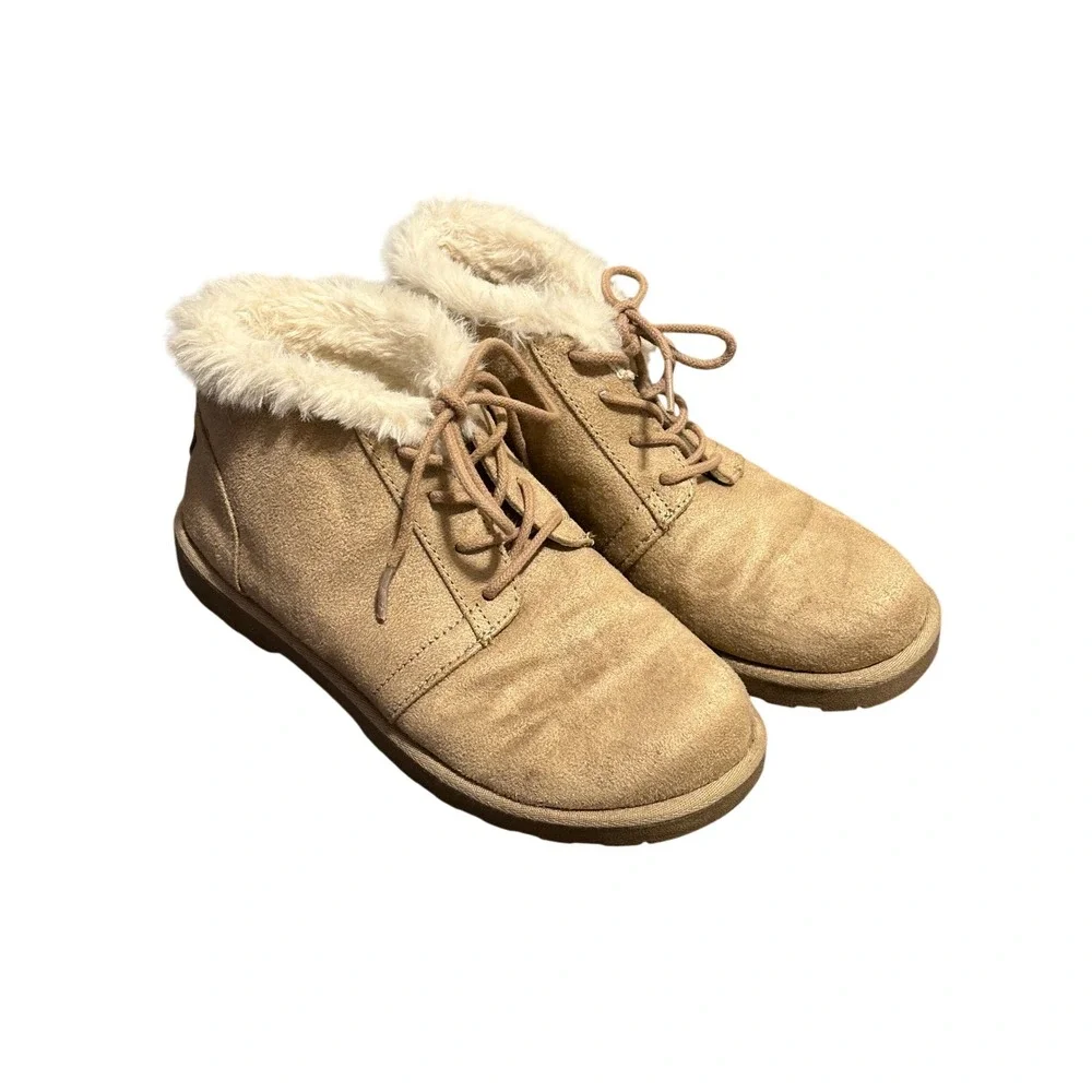 Makalu California Womens Tan Faux Fur Trim Lace Up Ankle Boots Size 7